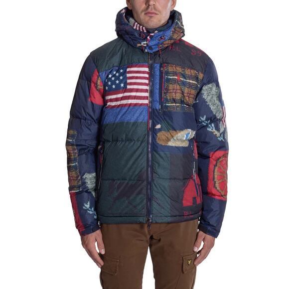 SMALL Ralph Lauren Polo Country Jacket Mens Multi Hooded Puffer Patchwork Flag - Picture 1 of 8